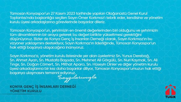 Konyagiad'dan Tümosan Konyaspor Yönetimine Tebrik Mesajı